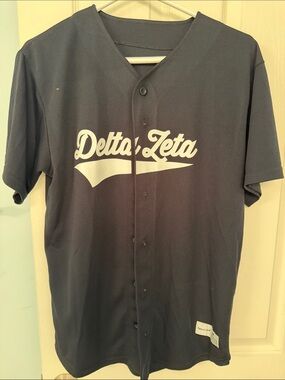 Sport-Tek Navy and White Delta Zeta Baseball Jersey